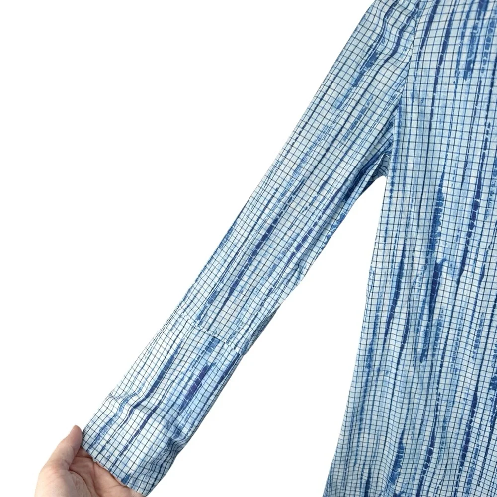 Tory Burch Popover Blouse Size 2 Blue Grid Ikat Print Coastal Prep Barrel Cuffs